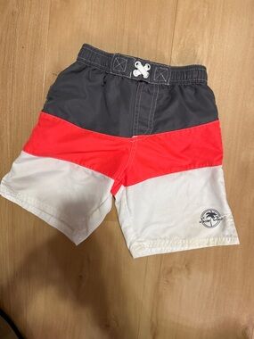 Boys' Colorblock Swim Trunks in Charcoal, Neon Orange & White